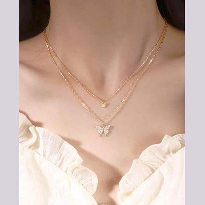 Shivine™ Zircon Butterfly Double-Layered Necklace in Gold