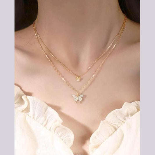 Shivine™ Zircon Butterfly Double-Layered Necklace in Gold